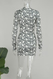 Zwart-wit sexy print patchwork asymmetrische kraag schede jurken