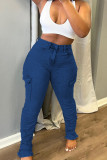 Azul profundo casual sólido retalhos bolso botões zíper cintura média jeans regular