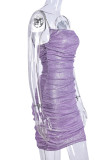 Robes fourreau violettes sexy en patchwork uni avec fermeture éclair pliable et bretelles spaghetti