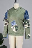Olivgrön Casual Camouflage Print Patchwork Draw String Pocket Hooded Collar Tops