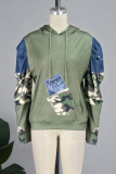 Olive Green Casual Camouflage Print Patchwork Draw String Pocket Hooded Collar Tops