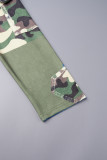 Olivgrüne, lässige Oberteile mit Camouflage-Print und Patchwork-Kordelzug, Taschen und Kapuzenkragen