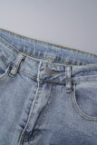 Light Blue College Solid Patchwork Pocket Buttons Zipper Mid Waist Straight Cargo Denim Jeans