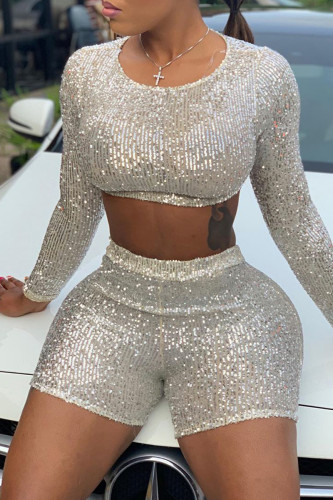 Cream White Casual Solid Sequins Patchwork O Neck Long Sleeve Two Pieces