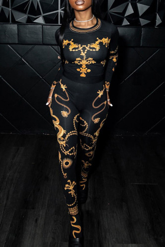 Black Street Print Patchwork O Neck Long Sleeve Two Pieces