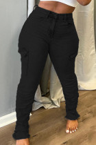 Schwarze, lässige, einfarbige Jeans mit Patchwork-Taschen, Knöpfen, Reißverschluss und mittlerer Taille