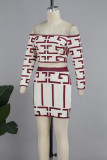 Red Casual Geometry Print Patchwork Long Sleeve Two Pieces Off the Shoulder Tops And Skirt Sets