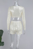 Cream White Casual Solid Sequins Patchwork O Neck Long Sleeve Two Pieces