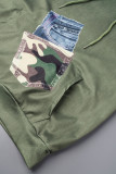 Olive Green Casual Camouflage Print Patchwork Draw String Pocket Hooded Collar Tops