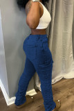 Jeans in denim regolari a vita media con bottoni con tasca patchwork tinta unita casual azzurro