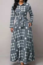 Blue Casual Print Bandage Patchwork Buckle Turndown Collar Long Dress Dresses