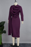Фиолетовые элегантные однотонные лоскутные платья-юбка-карандаш со складками и круглым вырезом