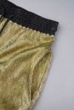 Goldfarbene, lässige, solide Patchwork-Hose mit Kordelzug und Tasche, gerade, hohe Taille, gerade Patchwork-Hose