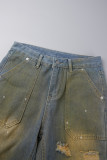 Blue Street College Sólido rasgado Make Old Patchwork Bolso Botões Zíper Cintura Baixa Jeans Reto