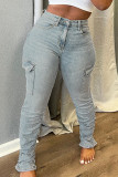 Lichtblauwe casual effen patchwork zakknopen rits midden taille normale denim jeans