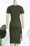 Green Work Elegant Solid Patchwork Slit O Neck One Step Skirt Dresses