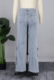 Azul claro faculdade sólido retalhos bolso botões zíper cintura média reta jeans jeans