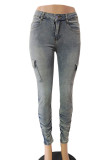 Azul claro casual sólido patchwork bolso botões zíper cintura média jeans regular