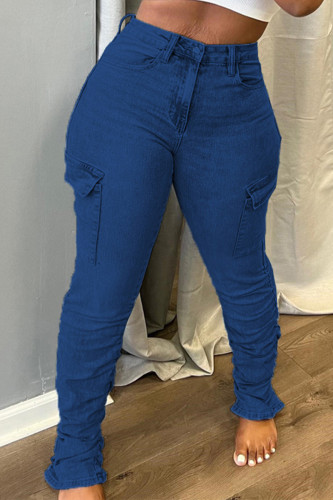 Jeans in denim regolari a vita media con bottoni con tasca patchwork tinta unita casual blu scuro