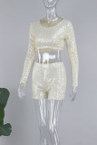 Cream White Casual Solid Sequins Patchwork O Neck Long Sleeve Two Pieces