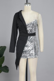 Robes de jupe crayon à une épaule contrastée en bloc de couleur de célébrités noires