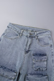 Ljusblå College Solid Patchwork Pocket Knappar Dragkedja Mitt midja Raka jeans jeans