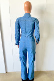 Himmelsblå Elegant Solid Patchwork Pocket Spänne Mandarin Krage Vanliga Jumpsuits