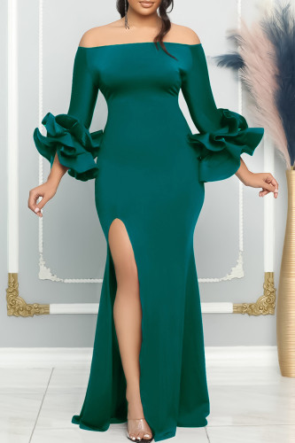 Vestido de noche con hombros descubiertos, elegante, color verde, liso, con abertura