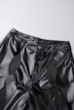 Negro Sexy Sólido Ahuecado Patchwork Botones Cremallera Suelta Mediados De Cintura Pierna Ancha Pantalones De Color Sólido