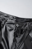 Negro Sexy Sólido Ahuecado Patchwork Botones Cremallera Suelta Mediados De Cintura Pierna Ancha Pantalones De Color Sólido