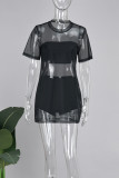 Black Street Solid Patchwork See-through O Neck Short Sleeve Three Pieces