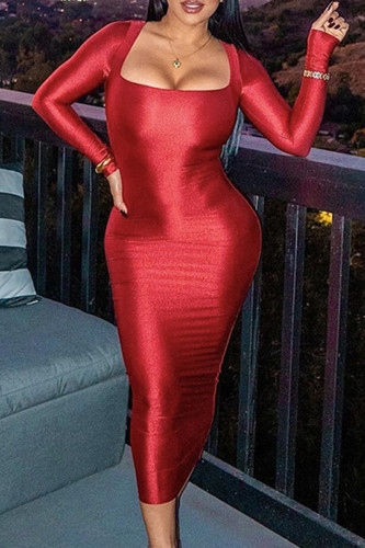 Rode sexy effen patchwork vierkante kraag lange jurk jurken