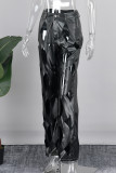 Bottoni patchwork neri sexy solidi scavati con cerniera Pantaloni larghi a vita media con gamba larga e tinta unita
