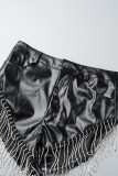 Negro Sexy Sólido Borla Patchwork Bolsillo Botones Cremallera Flaco Cintura baja Convencional Pantalones de color sólido