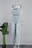 Blue Casual Solid Patchwork Pocket Strapless Loose Jumpsuits