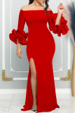 Красное элегантное однотонное лоскутное вечернее платье с разрезом и открытыми плечами.