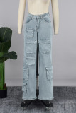 Light Blue Street Solid Patchwork Pocket Buttons Zipper Straight Low Waist Straight Solid Color Bottoms