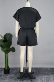 Black Casual Solid Patchwork V Neck Short Sleeve Two Pieces