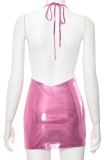Розовые уличные однотонные ажурные лоскутные платья-футляры с лямкой на бретельках