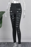 Black Sexy Solid Hollowed Out Patchwork Skinny High Waist Pencil Solid Color Bottoms