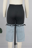 Pantaloni patchwork con altoparlante a vita alta con patchwork a blocchi di colore azzurro da strada (cinghie incluse)
