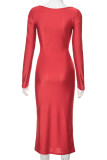Rote sexy solide Patchwork-lange Kleider mit quadratischem Kragen