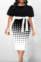 Black Elegant Print Bandage Patchwork O Neck Pencil Skirt Plus Size Dresses