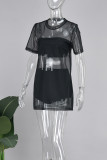 Black Street Solid Patchwork See-through O Neck Short Sleeve Three Pieces