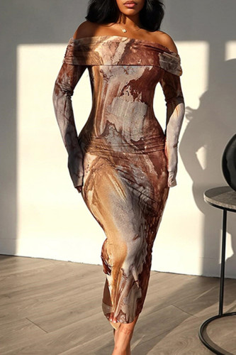 Robes jupe une étape marron imprimé rue patchwork à épaules dénudées