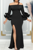Black Elegant Solid Patchwork Slit Off the Shoulder Evening Dress Dresses