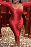 Vestidos longos vermelhos sexy sólidos com gola quadrada e retalhos