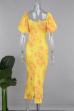 Robes de robe imprimées jaune doux imprimé Patchwork cordon de serrage fermeture éclair col carré