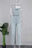 Blue Casual Solid Patchwork Pocket Strapless Loose Jumpsuits