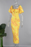 Yellow Sweet Print Patchwork Draw String Zipper Square Collar Printed Dress Dresses